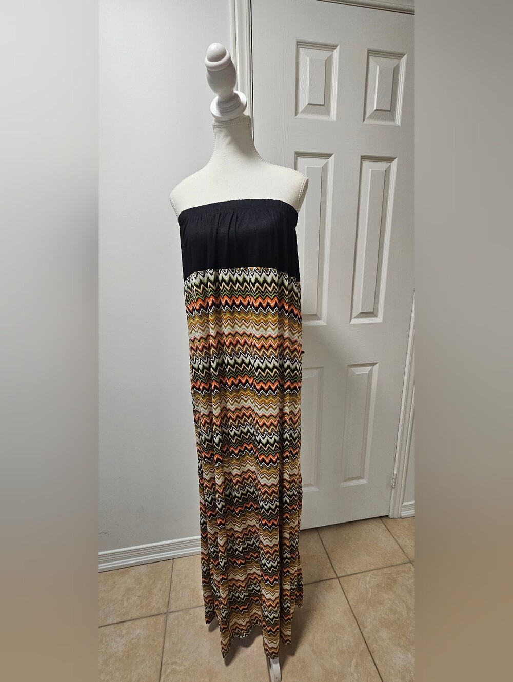 Strapless Chevron Maxi Dress - Black & Multicolor